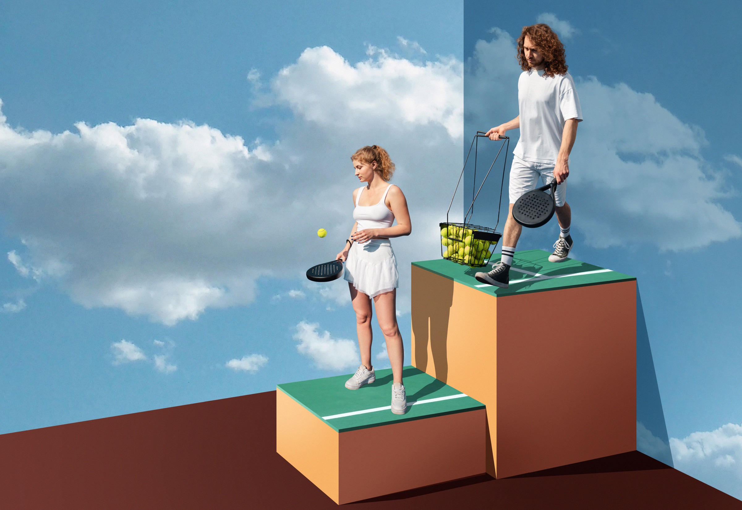 full shot man woman playing tennis